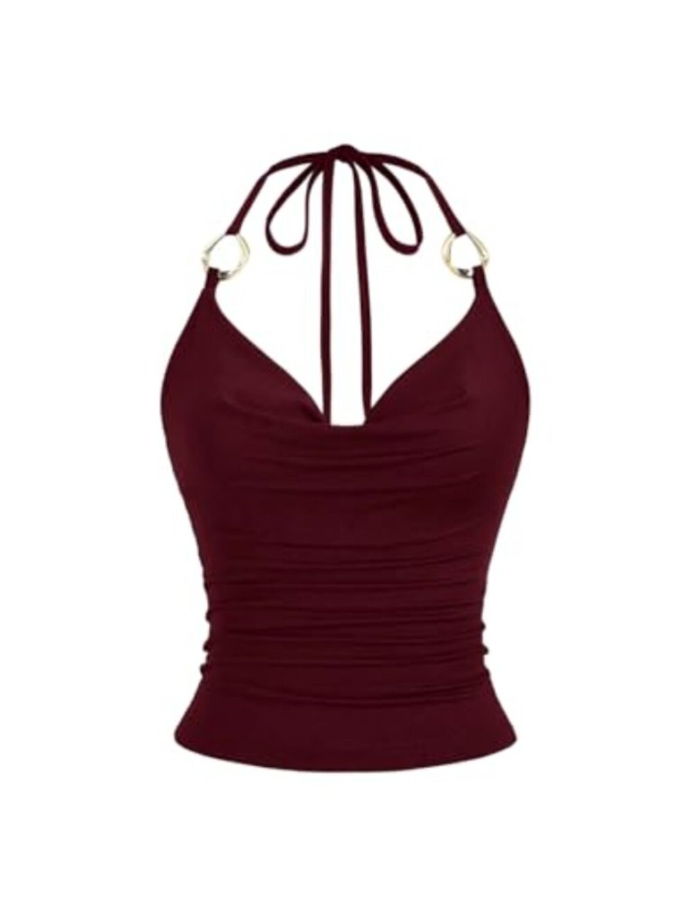 Y2K Halter Neck Going Out Tank Top with Draped Metal Ring, Ruched